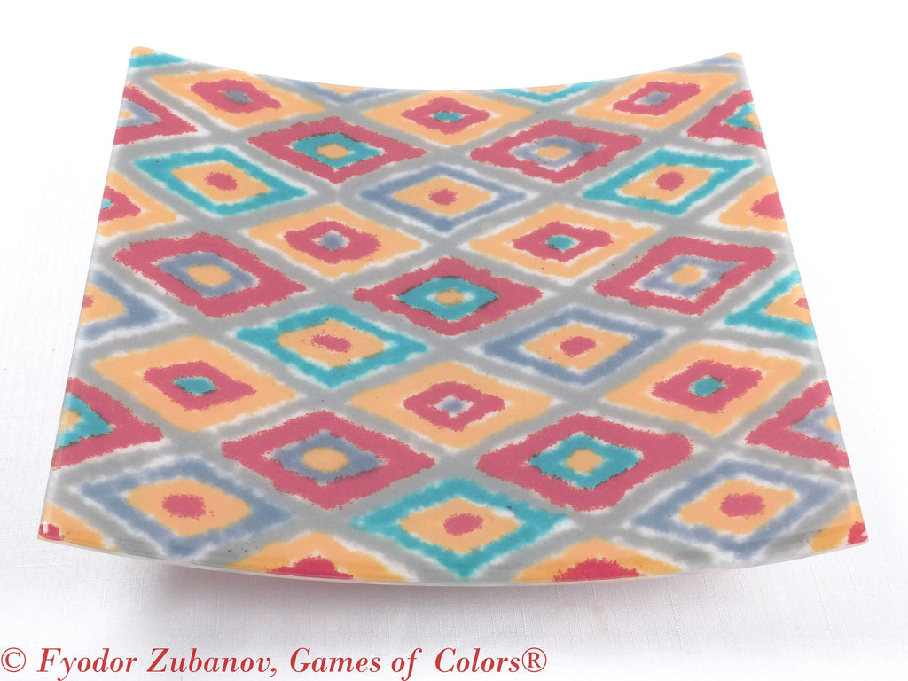 Fused Glass Fruit Bowl: "Oriental Fabric I" Geometric Art Glass