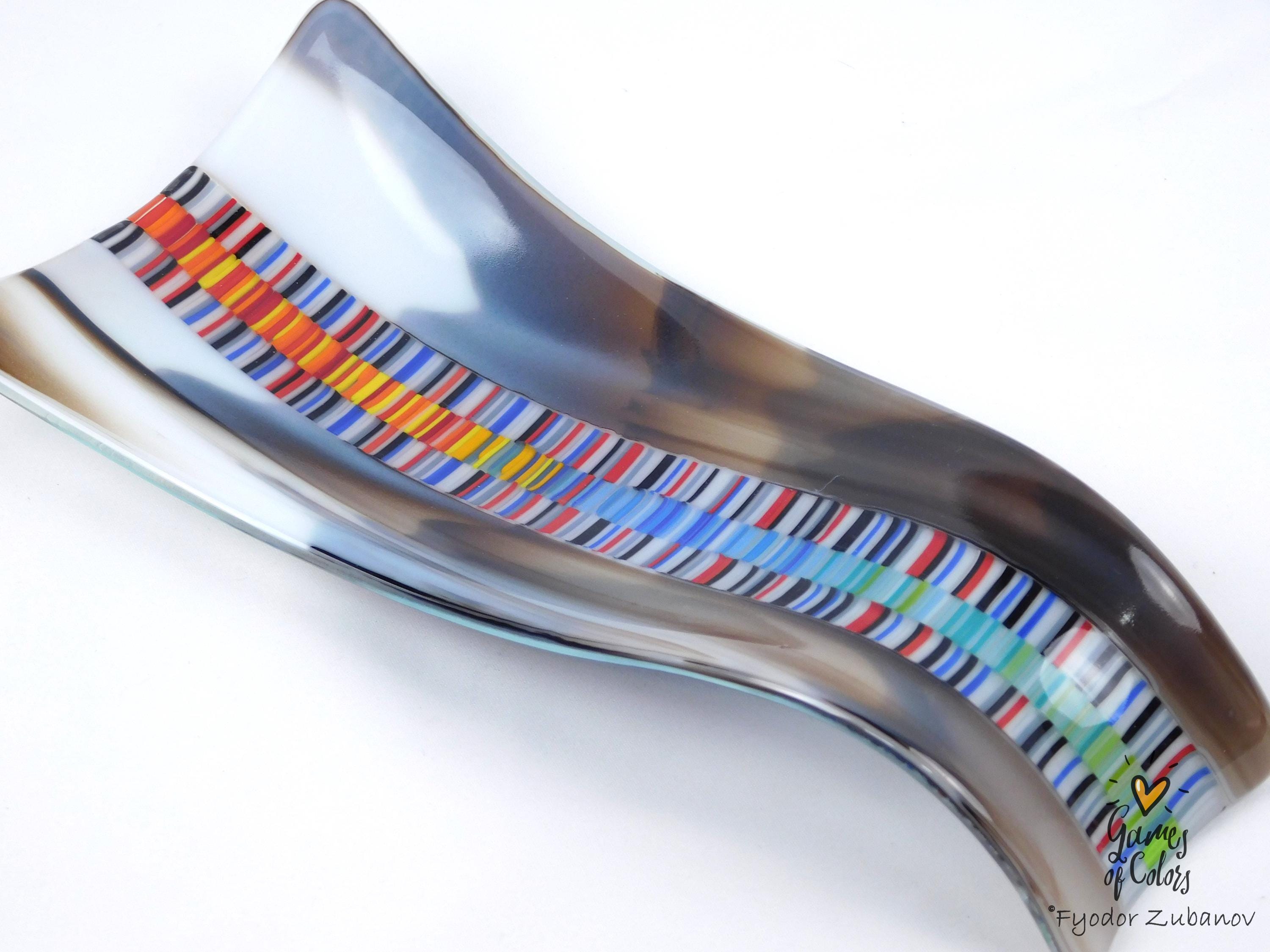 A hand-crafted glass decorative spoon rest "Chromatic current"; fused glass; kitchen accent