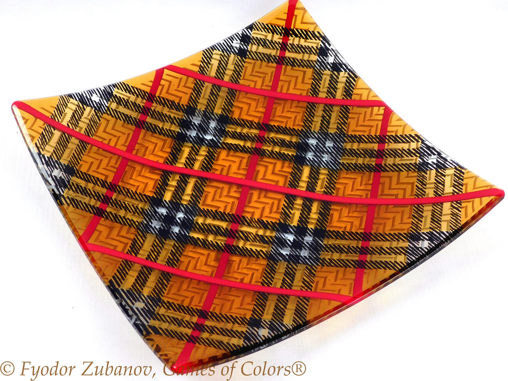 Fused Glass Tartan Plate: Black and Amber Geometric Art