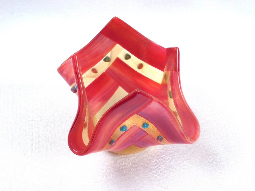 Valentines candle holder Hearts in Amber. Fused glass.