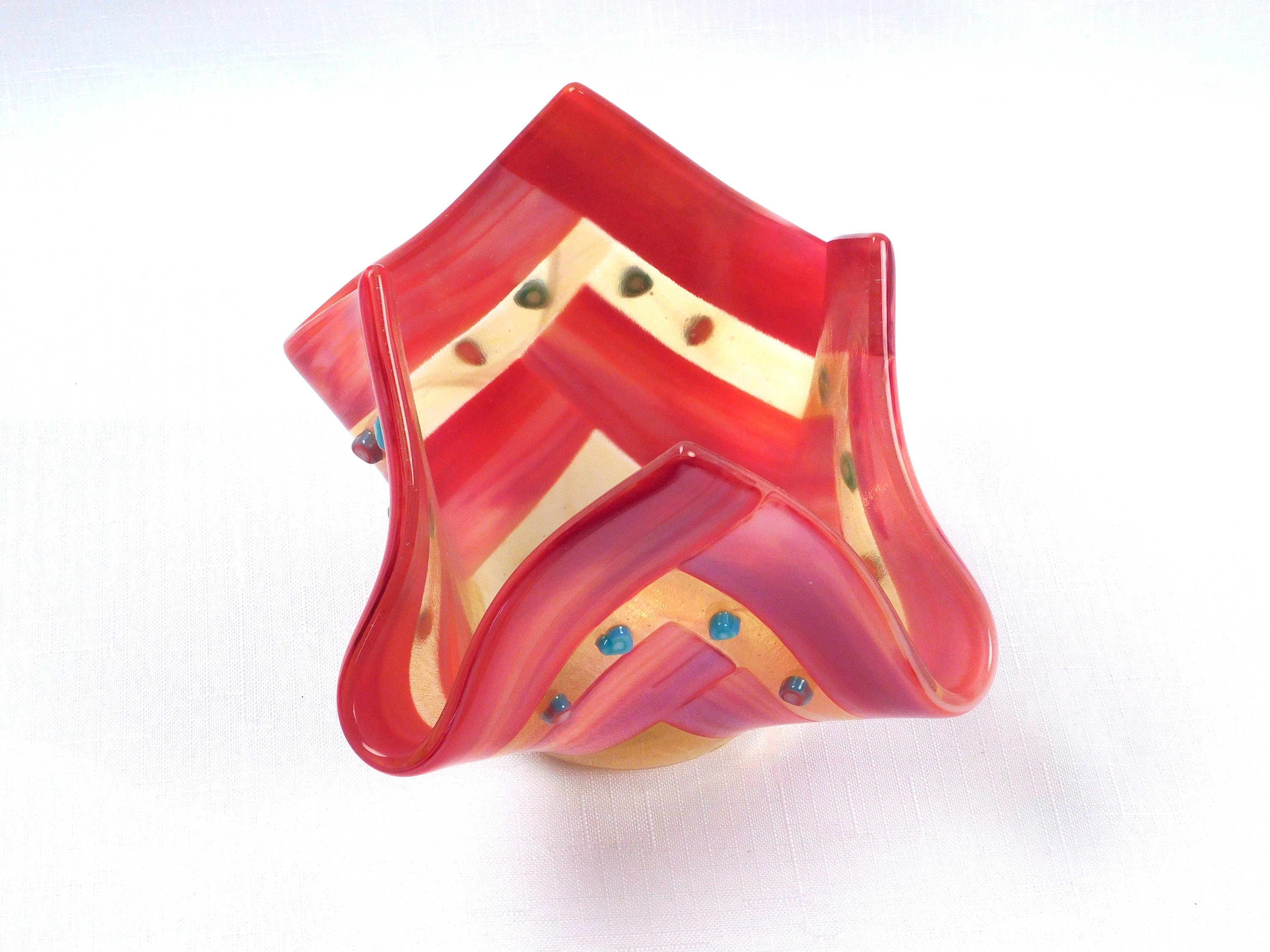 Valentines candle holder Hearts in Amber. Fused glass.