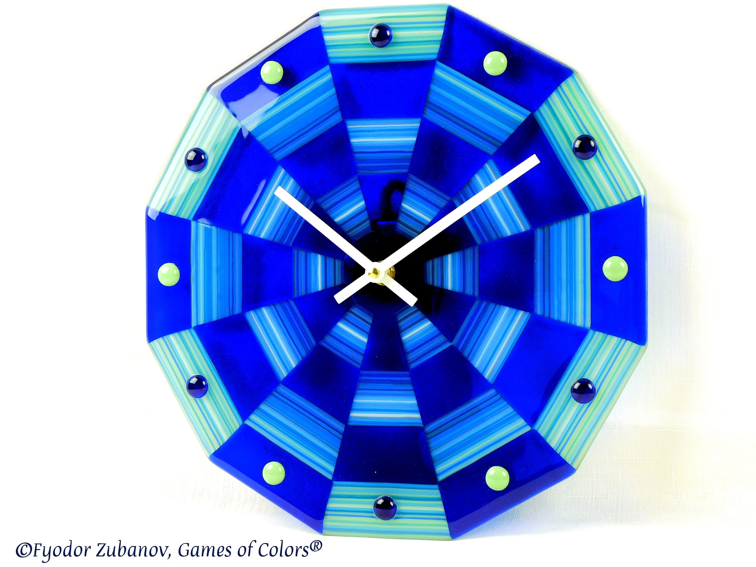 Fused Glass Wall Clock: "Blue Ribbons" Art Glass, Silent Quartz