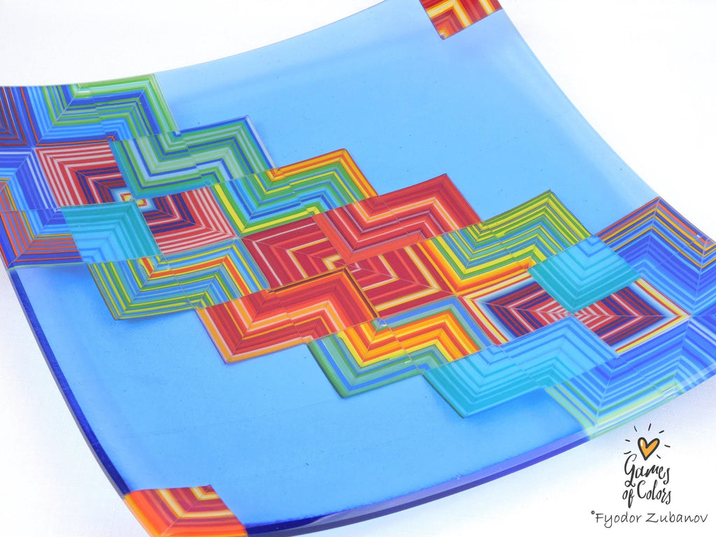 A fused glass square plate "Joyful Way - Light blue"; art glass; decorative plate; geometric design, holidays