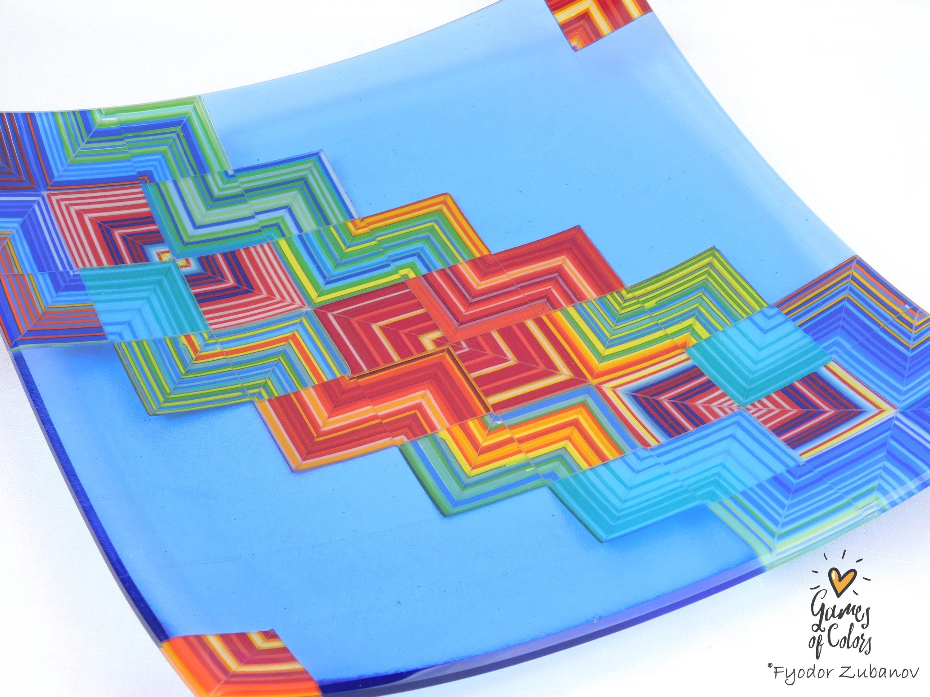 A fused glass square plate "Joyful Way - Light blue"; art glass; decorative plate; geometric design, holidays