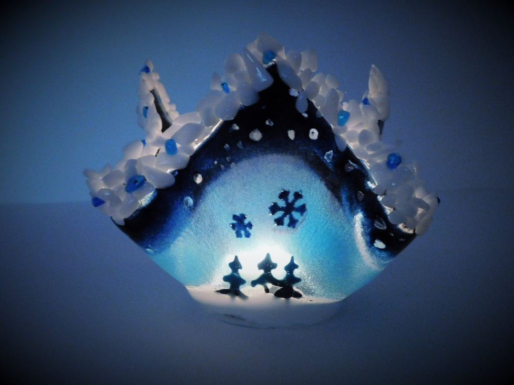 Winter holidays candle holder.  Blue and white fused glass. Original design.