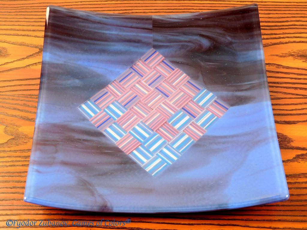 A decorative square plate "Woven ribbons in the diamond"; fused glass; geometrical design; art glass; centerpiece;