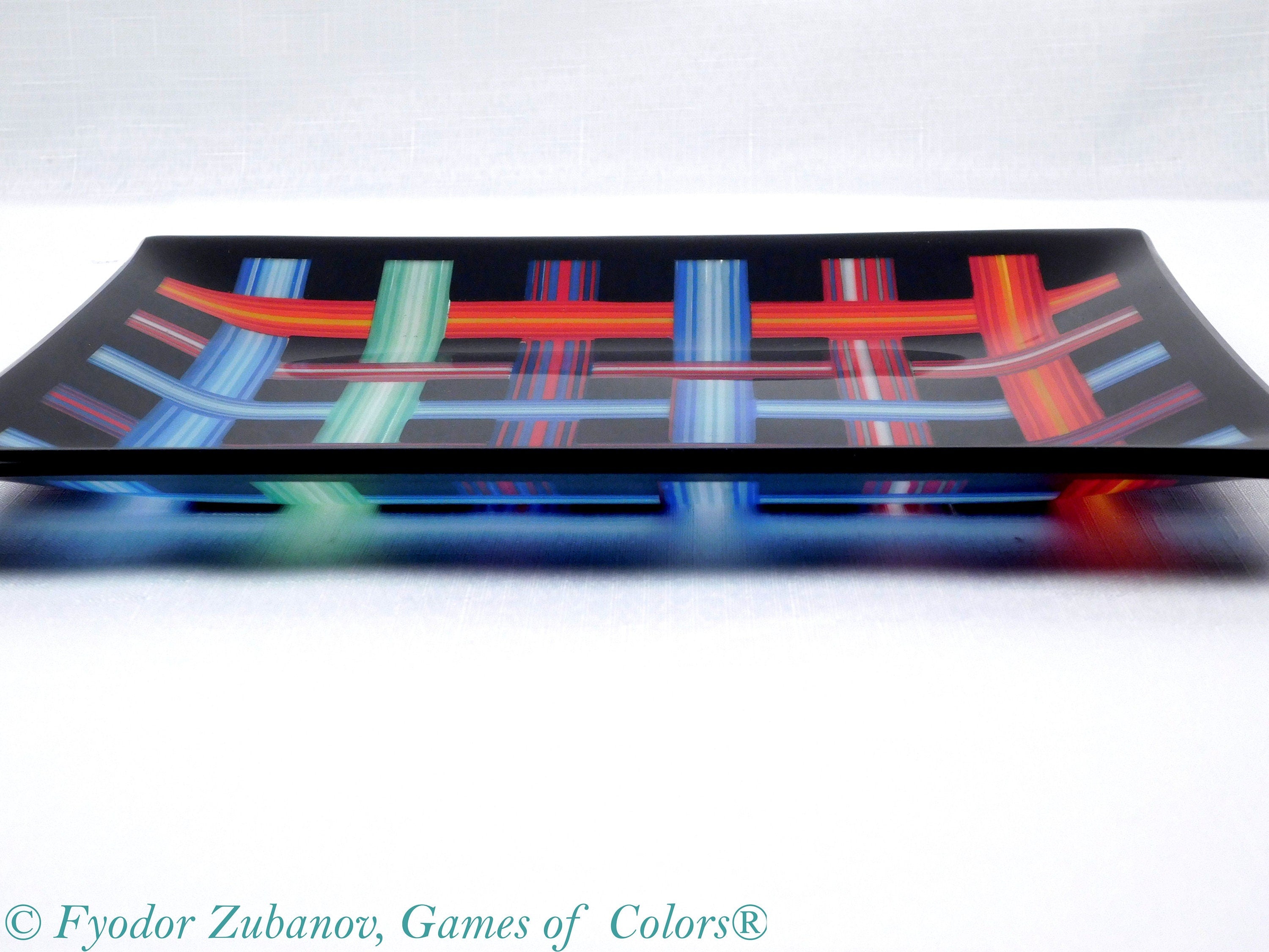 Fused Glass Plate: Woven Ribbon Design, Black Decorative Tray (10.5 x 9 in)