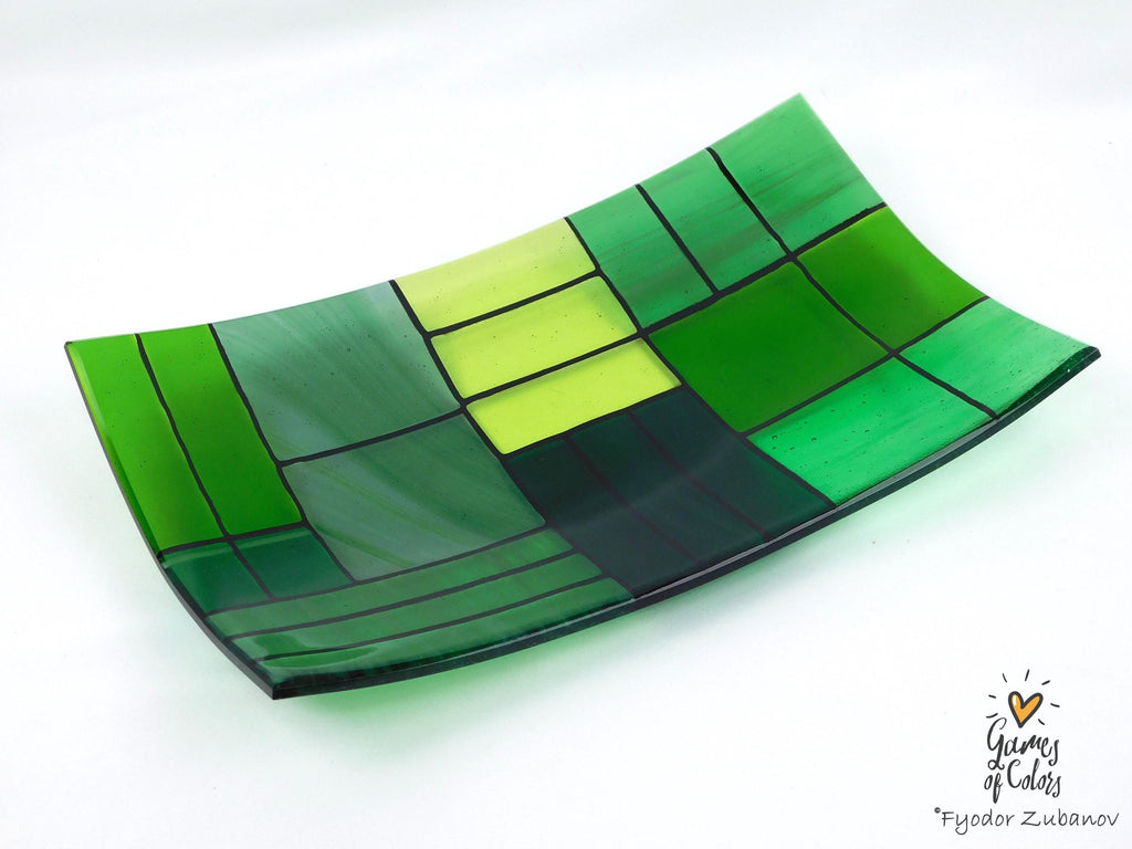 Fused Glass Plate: Rectangular Green Art Glass Centerpiece (12.25 x 7.25 inches)