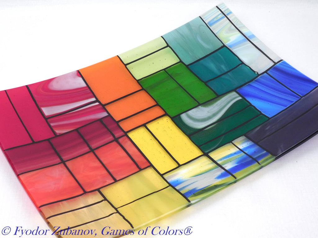 Fused Glass Platter: Rectangular Colorful Centerpiece, Made in USA (11.5 x 16 inches)