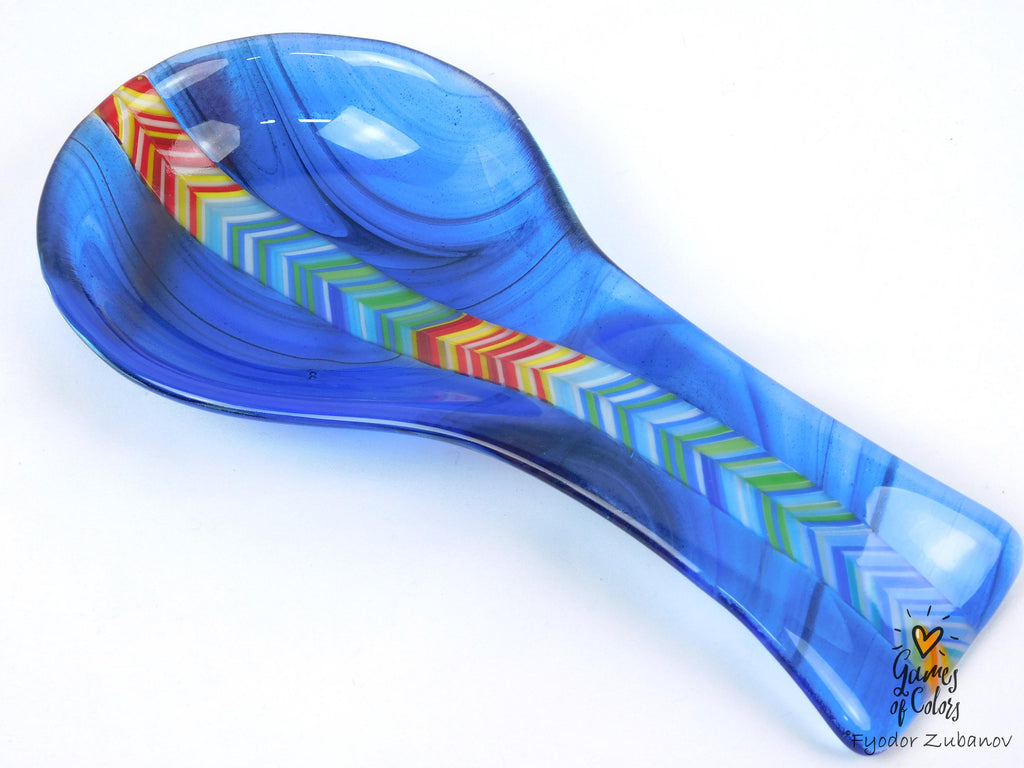 Azure Prizm Ribbon – Fused Glass Spoon Rest, Transparent Blue Kitchen Art