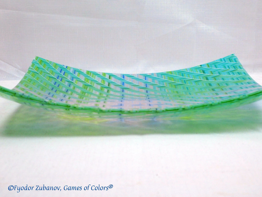 Fused Glass Plate: "Blue Stitches" Chevron Art Glass Tray (12x12 inches)
