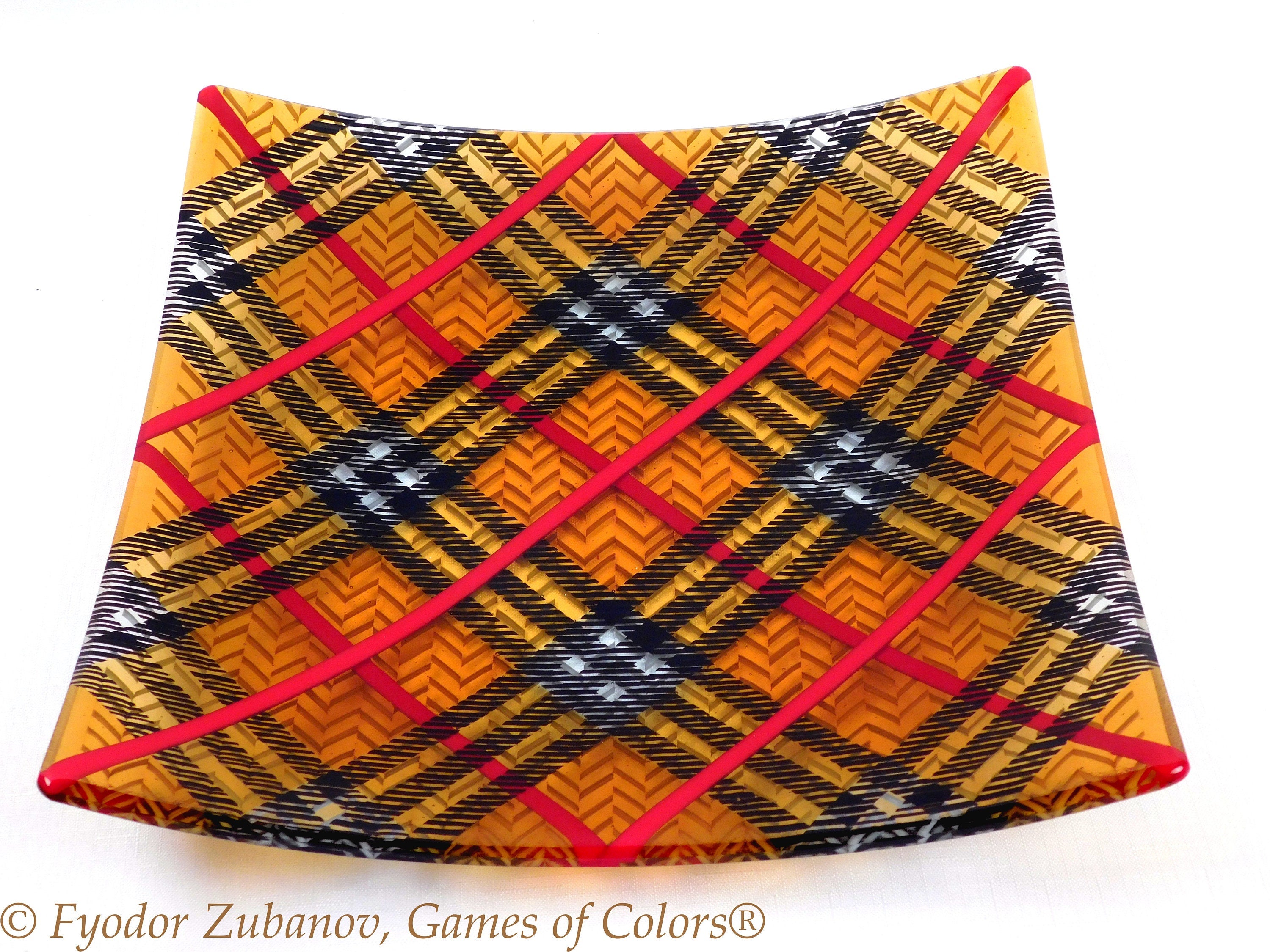Fused Glass Tartan Plate: Black and Amber Geometric Art