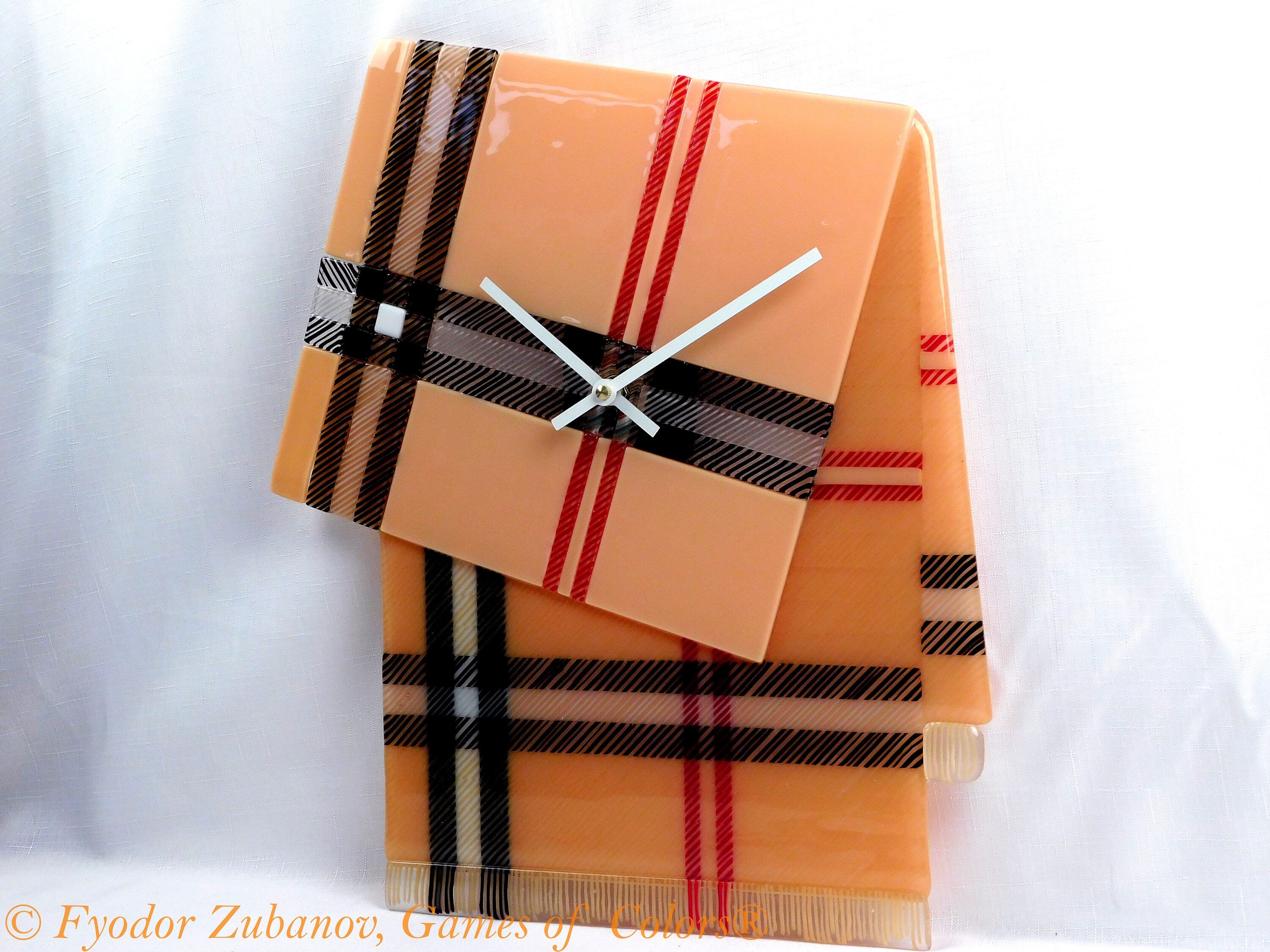 A decorative stylish wall clock "Tartan B"; fused glass, battery powered, one-of-a-kind, anniversary present