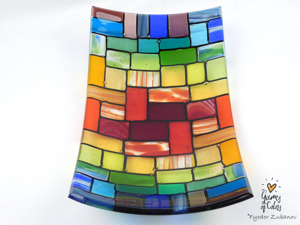 Fused Glass Plate "Rainbow Rocky Road"; Bowl for fruits; Rectangular Centerpiece Bowl, Handmade