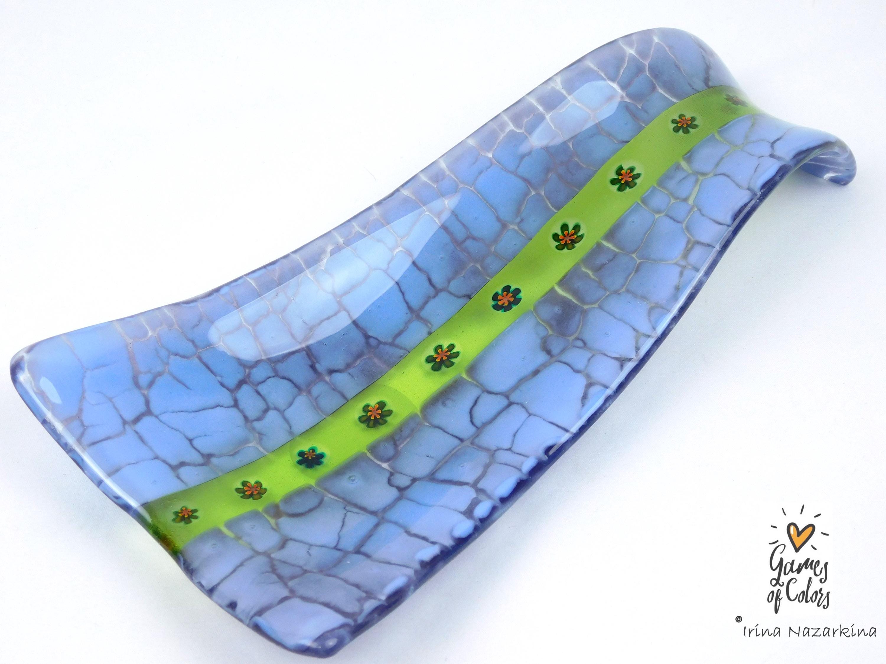Meadow Ribbon – Fused Glass Spoon Rest / Floral Green Kitchen Art