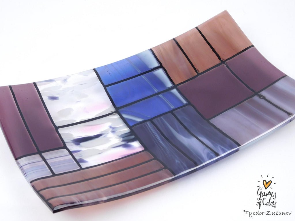 Fused Glass Plate "A Gentle Color Mix - Purples": Geometric Design, Food Safe