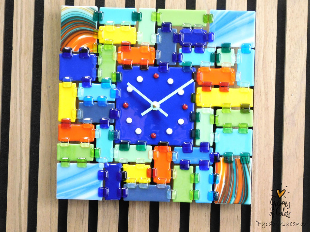 Fused Glass Square Wall Clock - Blue dial, multicolor face