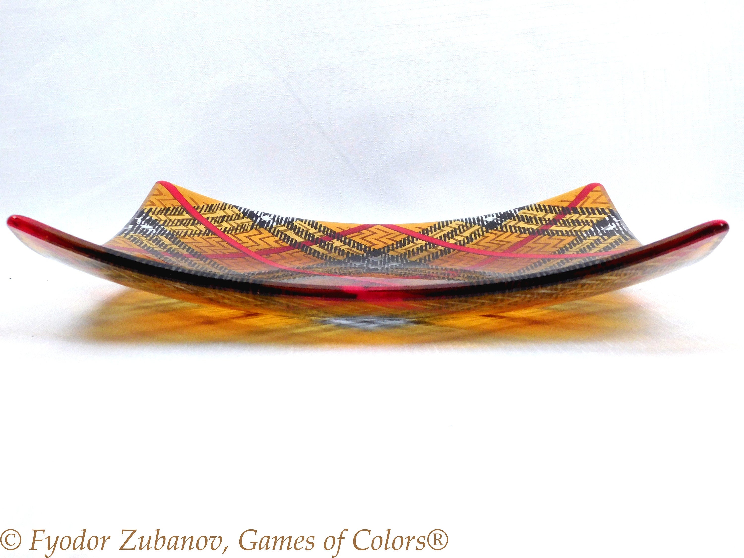 Fused Glass Tartan Plate: Black and Amber Geometric Art