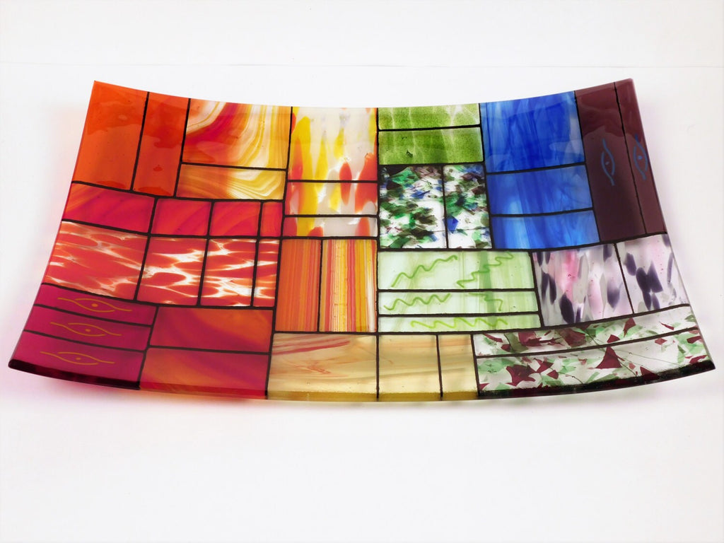 Handmade Glass Plate Set: Colorful Rectangular Platter & Plates