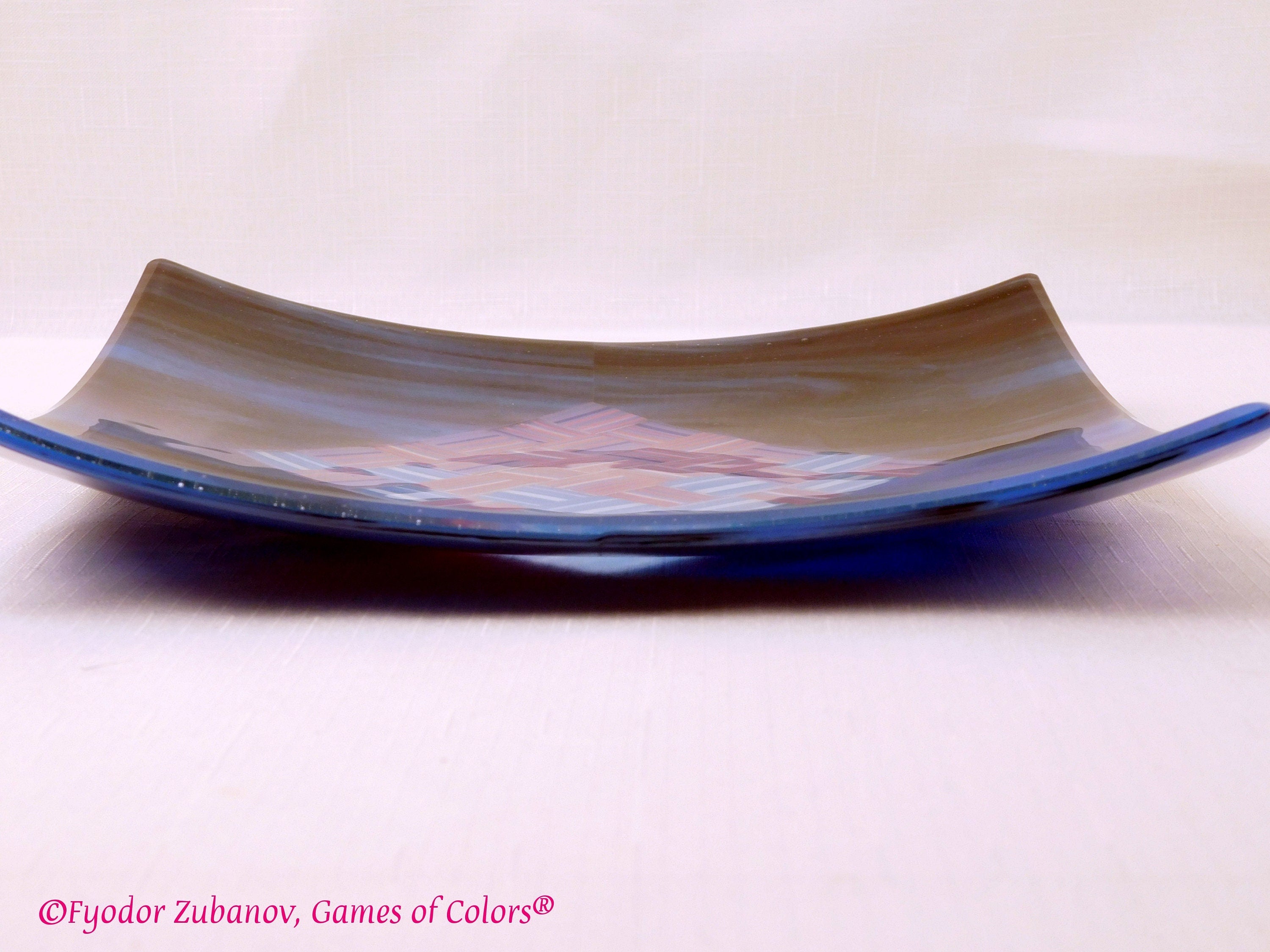 A decorative square plate "Woven ribbons in the diamond"; fused glass; geometrical design; art glass; centerpiece;