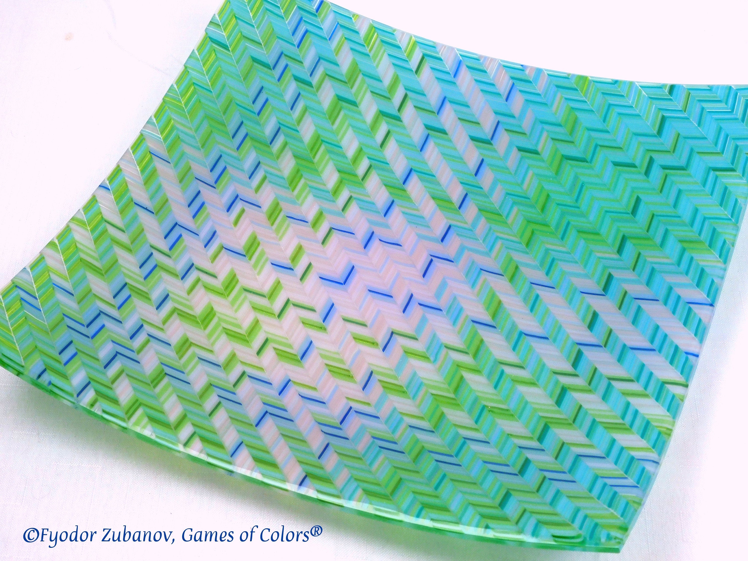 Fused Glass Plate: "Blue Stitches" Chevron Art Glass Tray (12x12 inches)