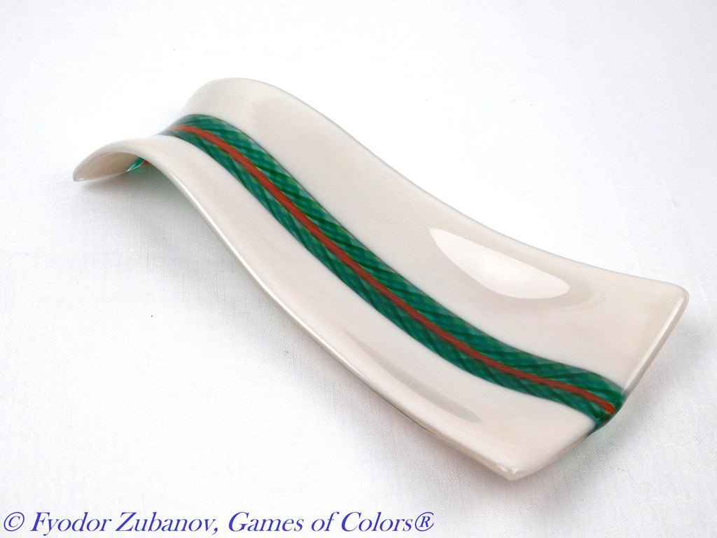 A hand-crafted glass decorative spoon rest "Grean stream"; fused glass; kitchen accent