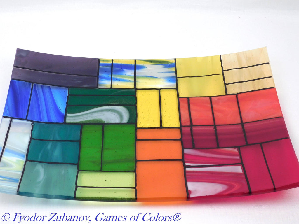 Fused Glass Platter: Rectangular Colorful Centerpiece, Made in USA (11.5 x 16 inches)