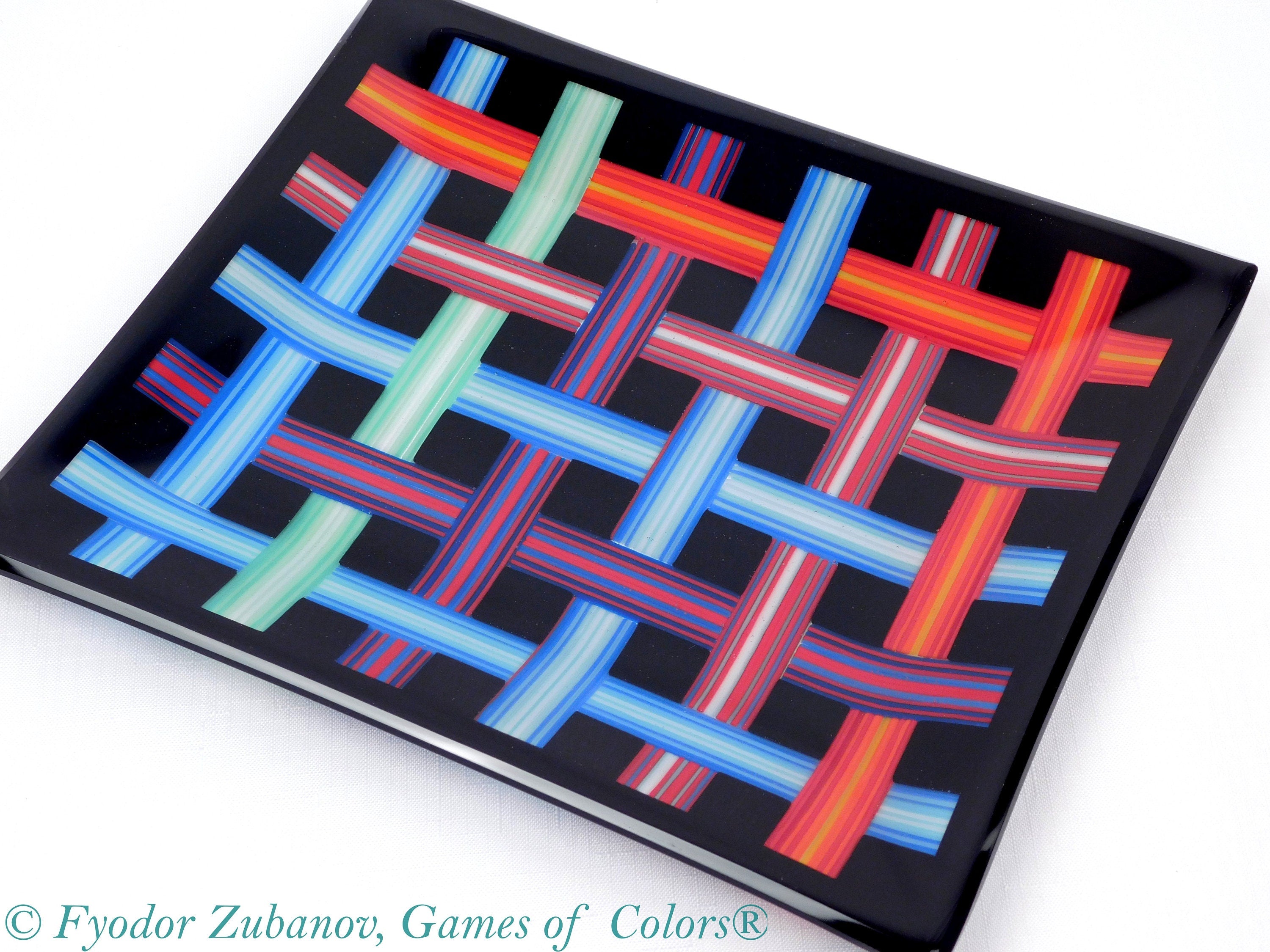 Fused Glass Plate: Woven Ribbon Design, Black Decorative Tray (10.5 x 9 in)