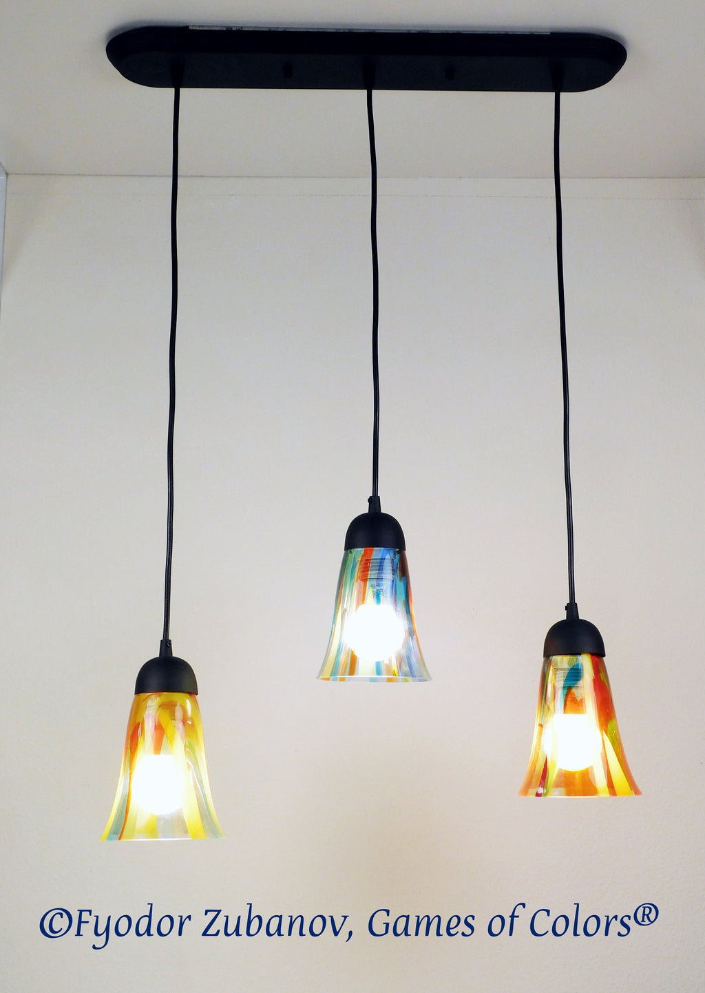 Fused Glass Pendant Light: Colorful Art Glass, Black Cord