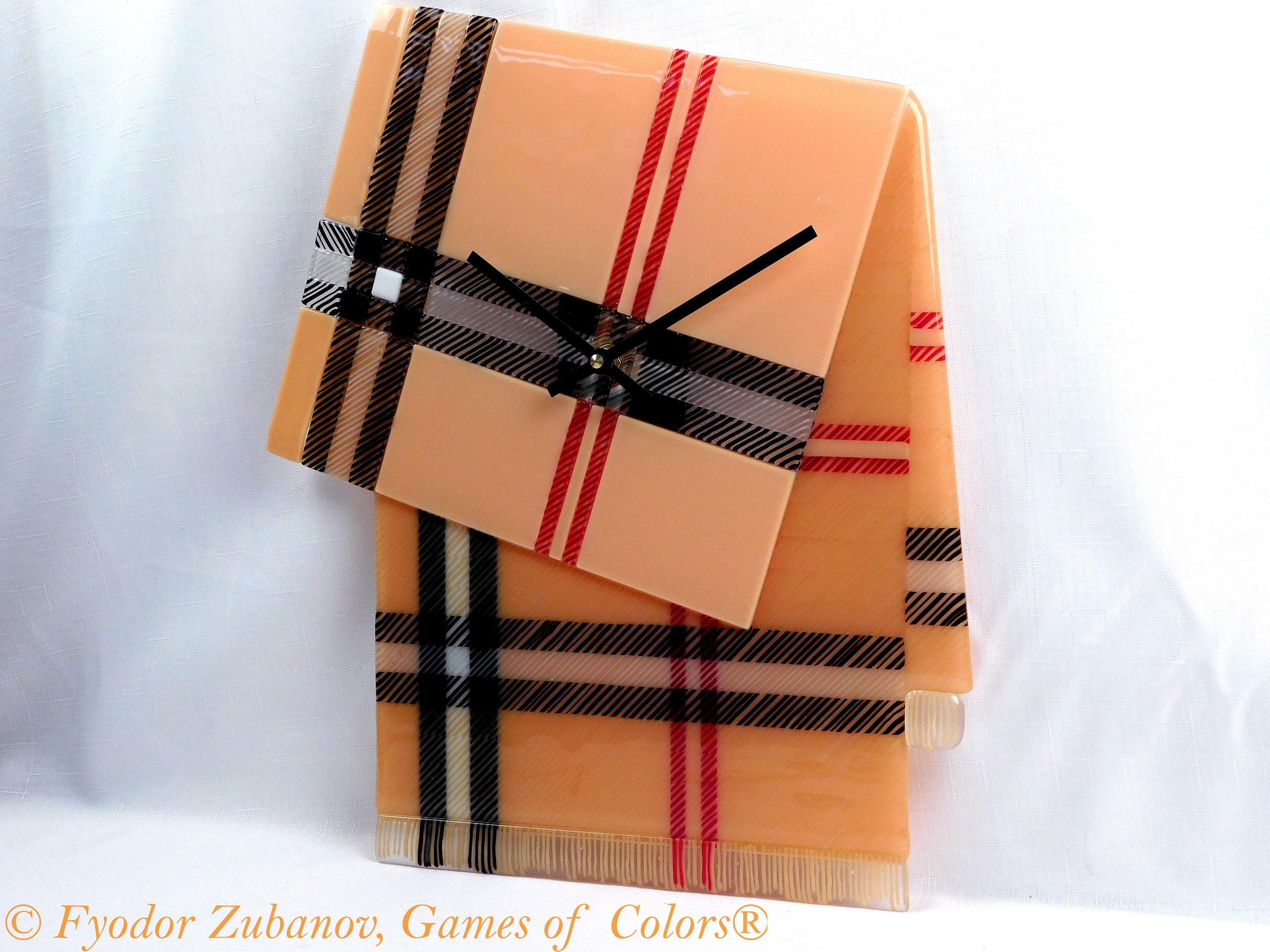 A decorative stylish wall clock "Tartan B"; fused glass, battery powered, one-of-a-kind, anniversary present