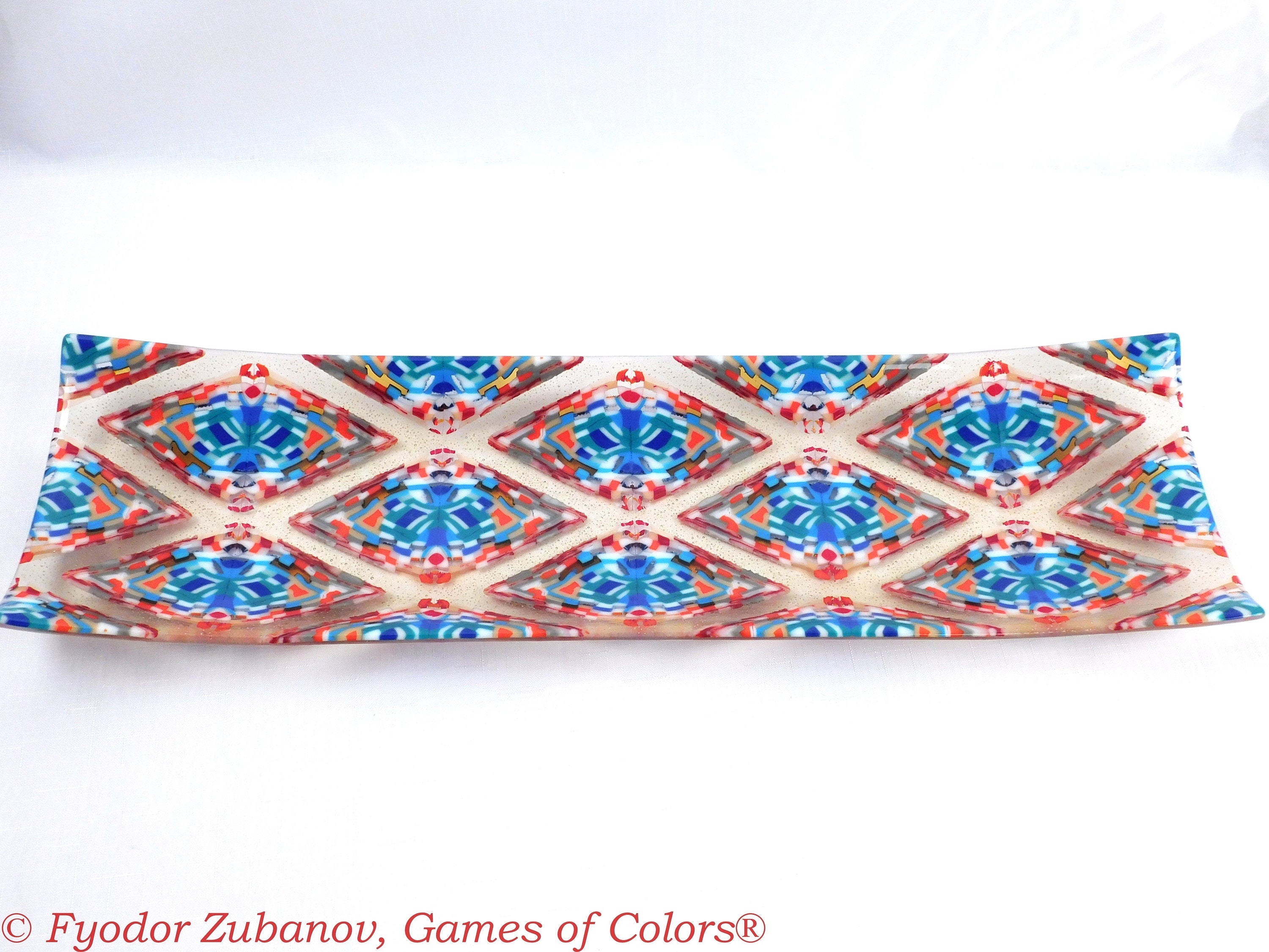 A large glass channel tray "Diamonds in Champagne"; Decorative Plate; Centerpiece; fused glass.