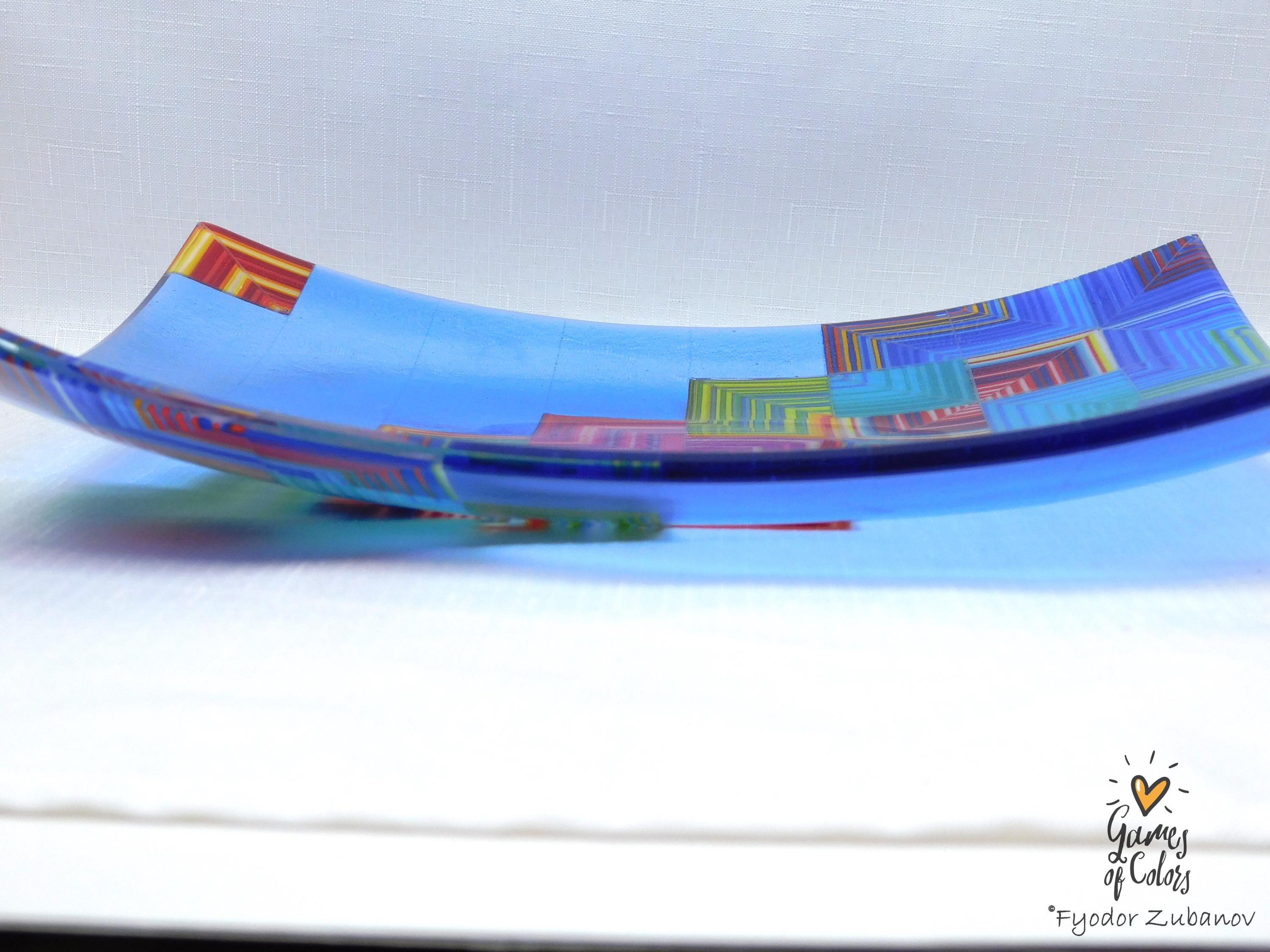 A fused glass square plate "Joyful Way - Light blue"; art glass; decorative plate; geometric design, holidays