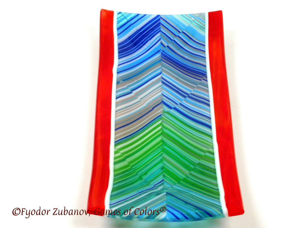 Fused Glass Sushi Plate: Peacock Feather Chevron Design