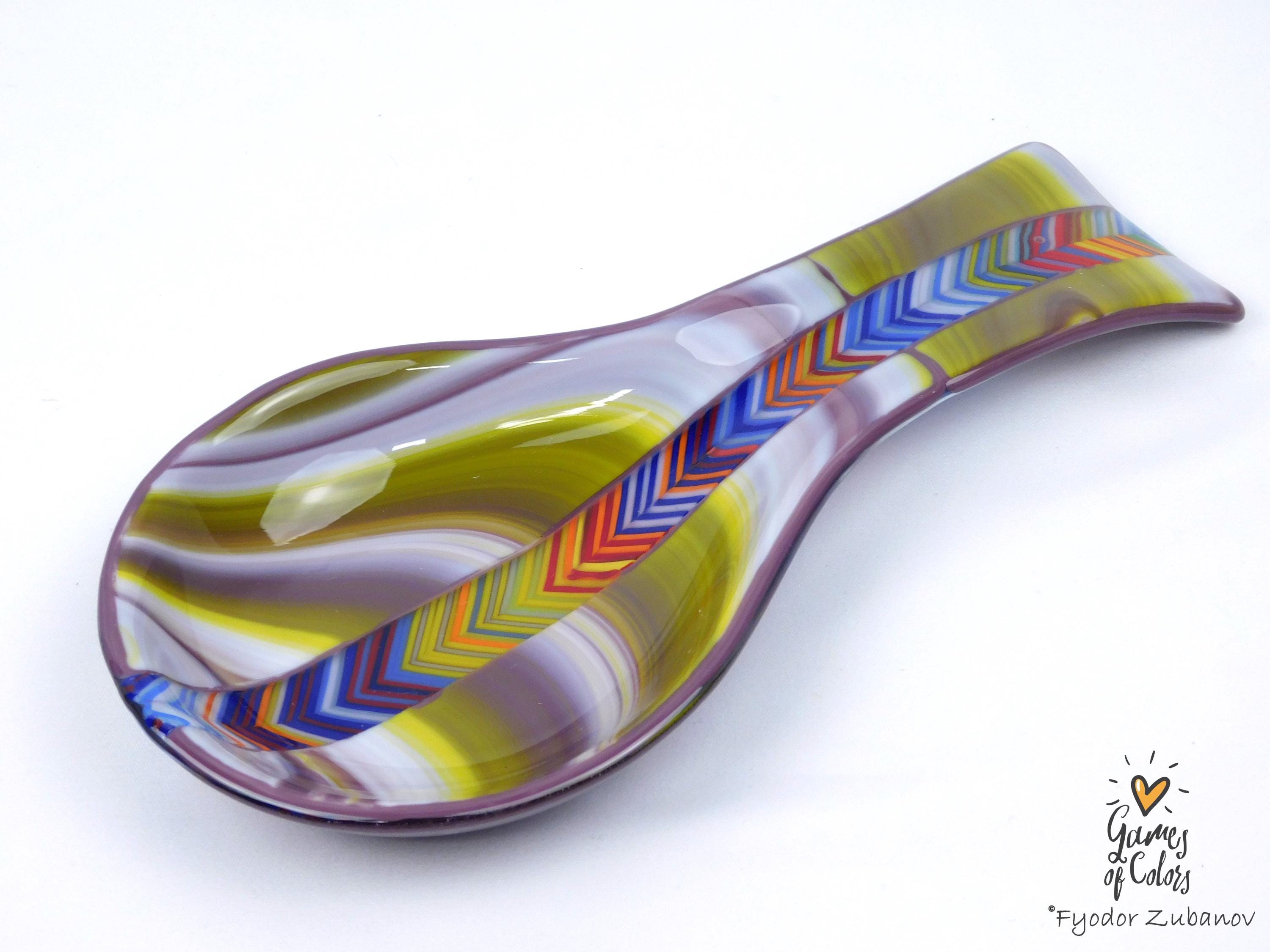 Violet Cascade Spoon Rest – Fused Glass Utensil Holder, Purple Marbled Kitchen Decor, Handmade Colorful Spoon Rest, Functional Art Gift