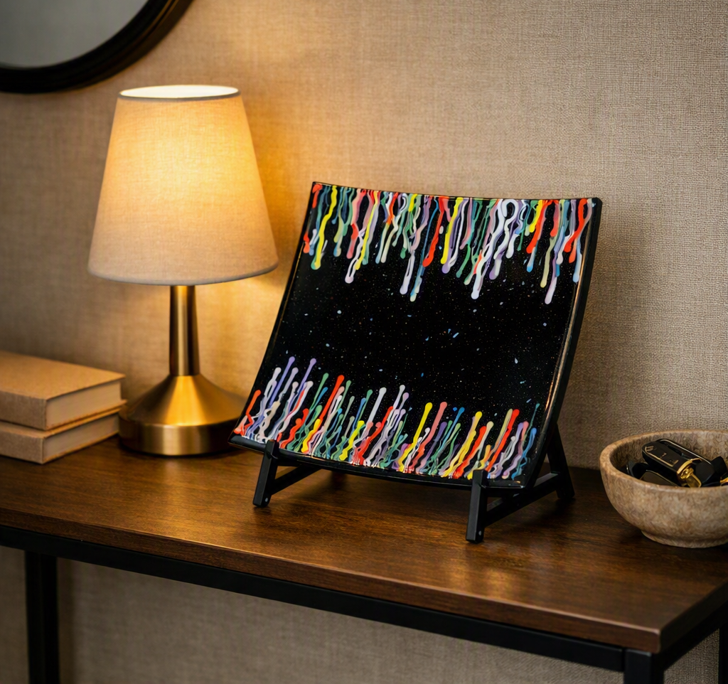 A black square plate with colorful dripping paint designs at the top and bottom, displayed on a black metal easel stand on a wooden console table next to a lit lamp.