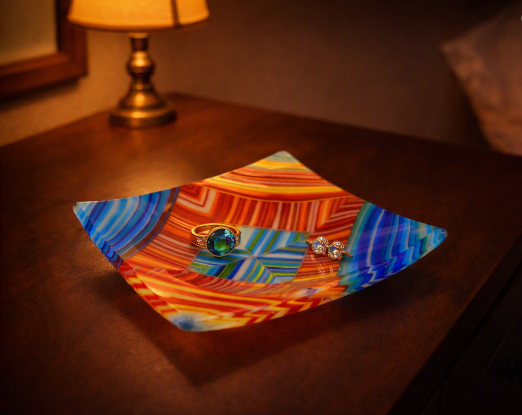 A colorful square glass dish with swirling blue, orange, red, and yellow patterns sits on a dark wooden table next to a lit lamp. Two rings are placed on top of the dish, one with a green stone and one with clear stones.