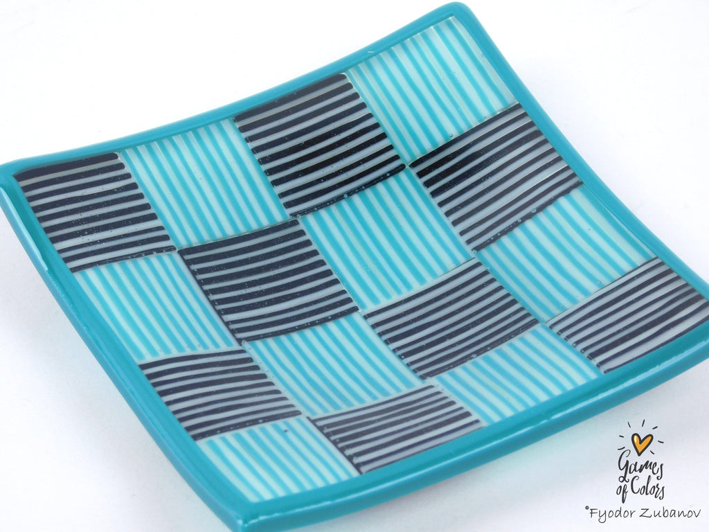 Tiny Checkers Teal and Black Glass Dish 