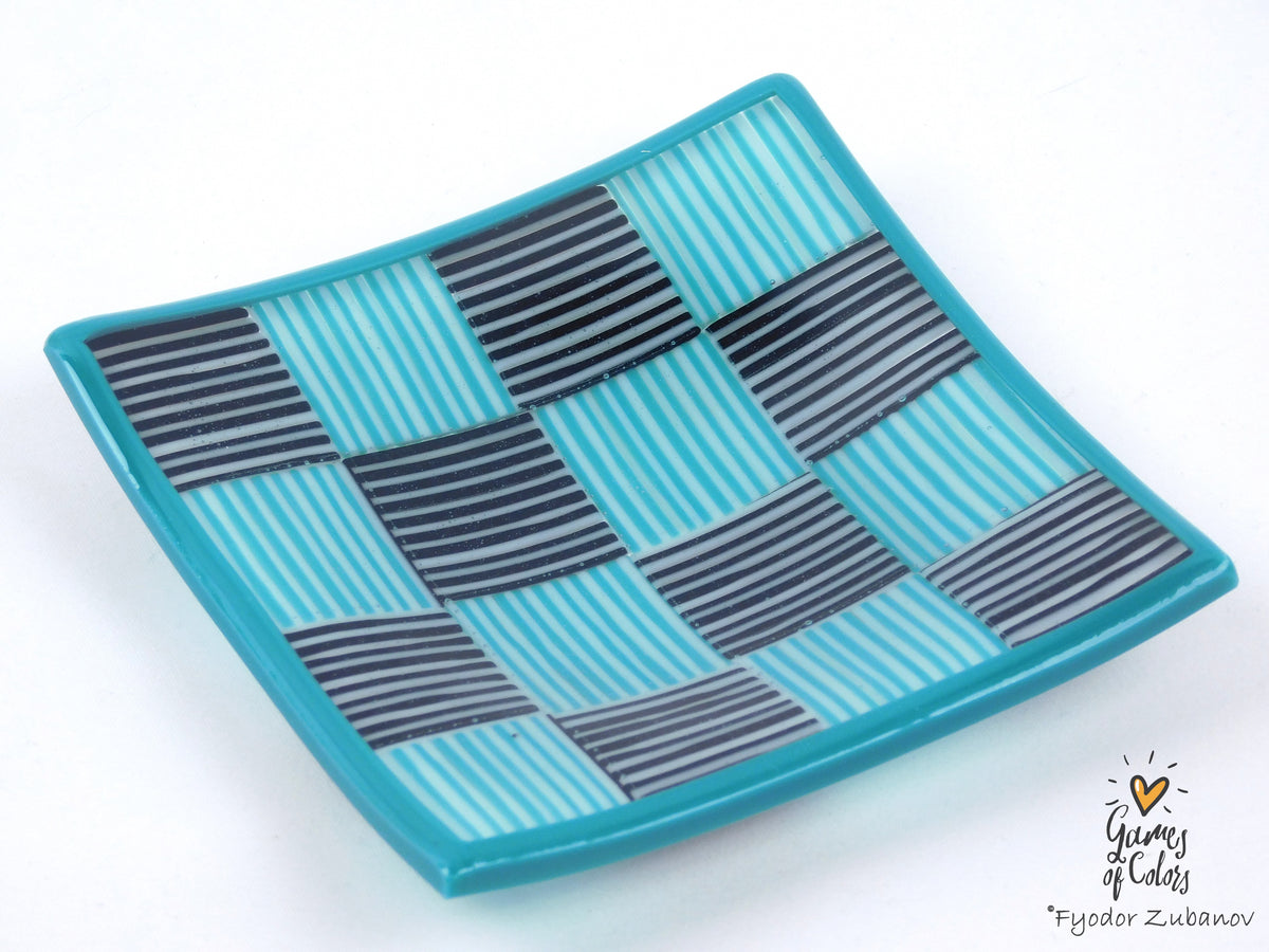 Tiny Checkers Teal and Black Glass Dish 