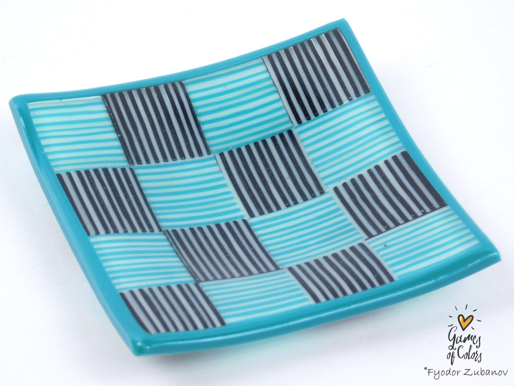 Tiny Checkers Teal and Black Glass Dish 