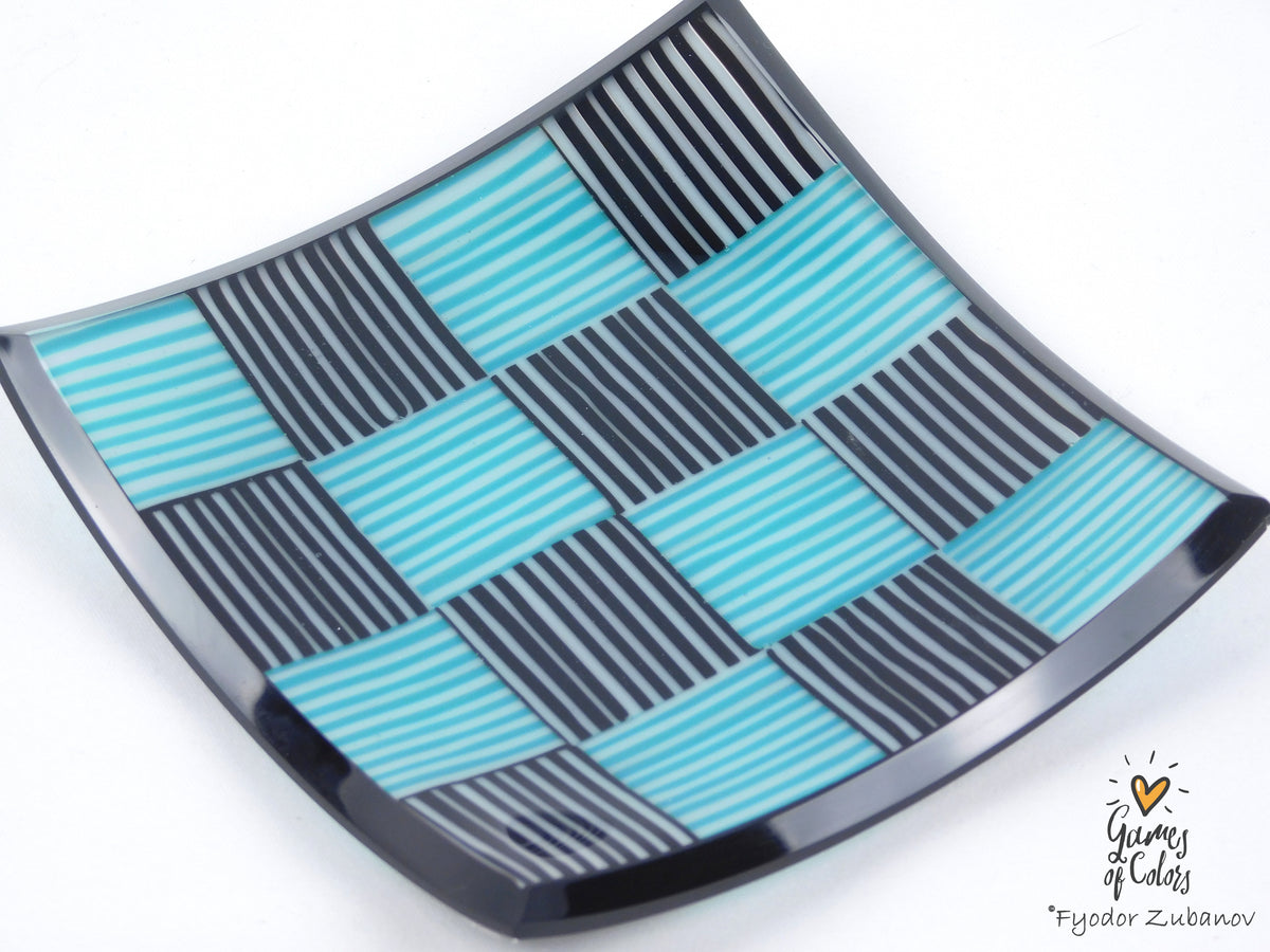Tiny Checkers Black and Teal Glass Dish 