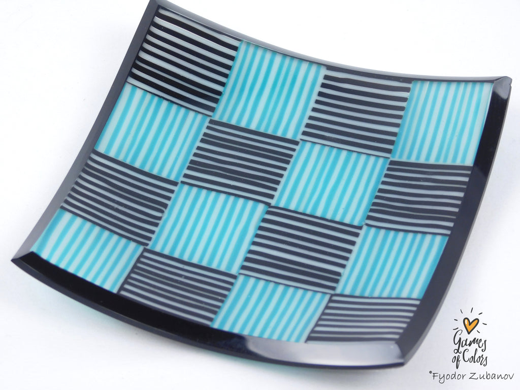 Tiny Checkers Black and Teal Glass Dish 