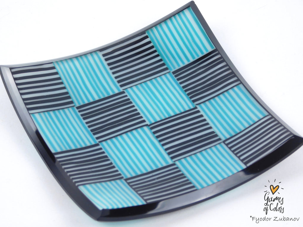 Tiny Checkers Black and Teal Glass Dish 