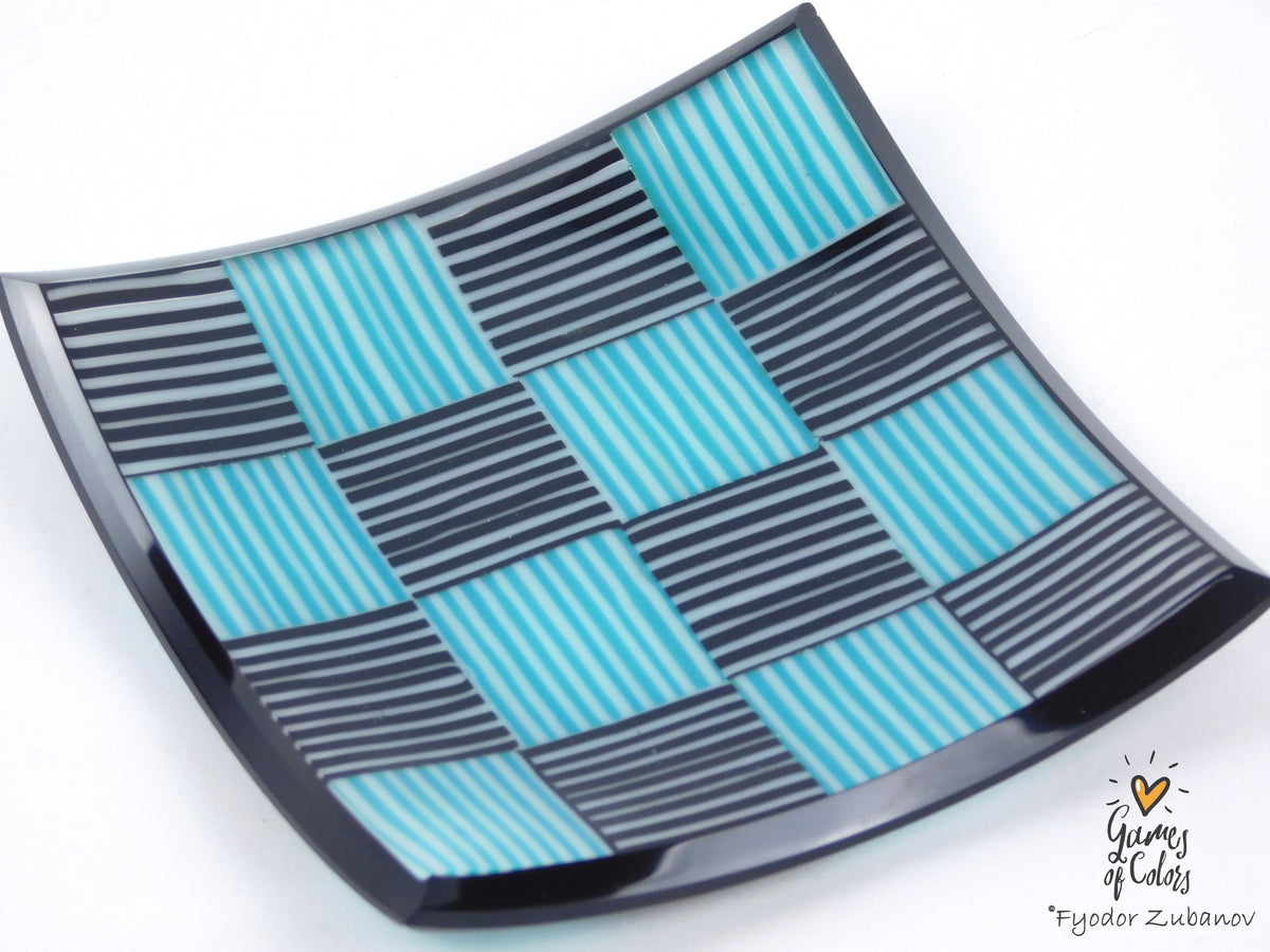 Tiny Checkers Black and Teal Glass Dish 