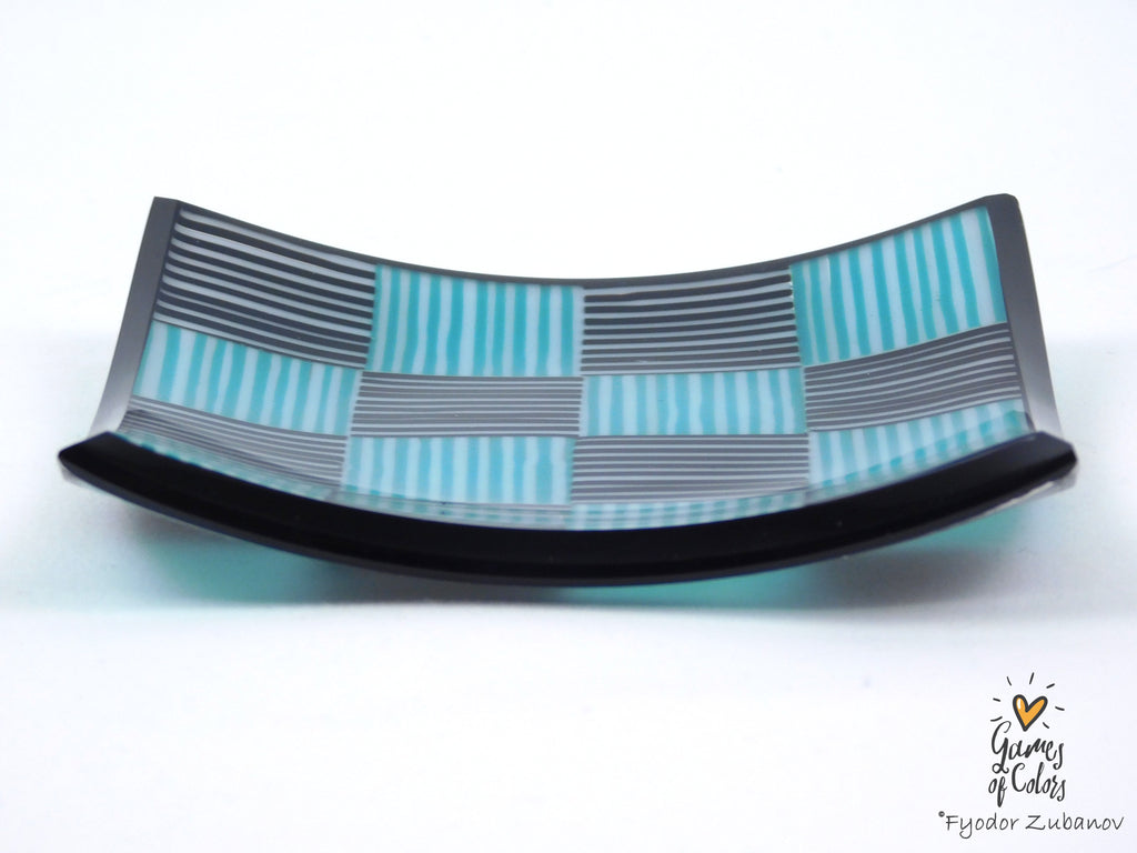 Tiny Checkers Black and Teal Glass Dish 