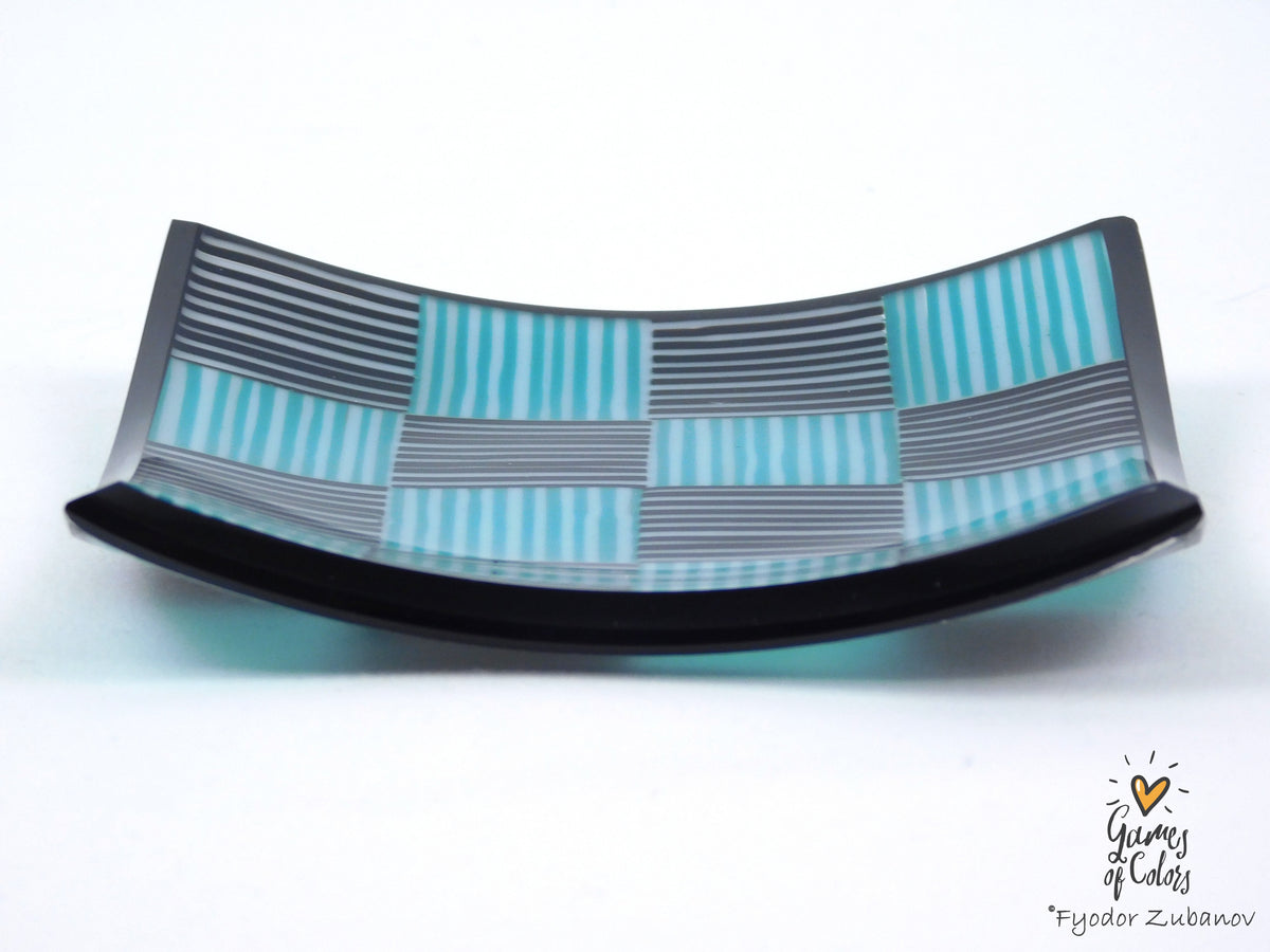 Tiny Checkers Black and Teal Glass Dish 