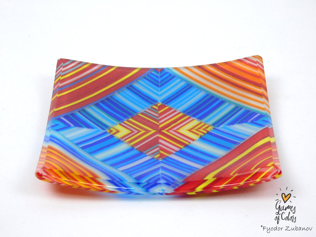 Handmade Fused Glass Dish Colorful Fusion - Blue in Red