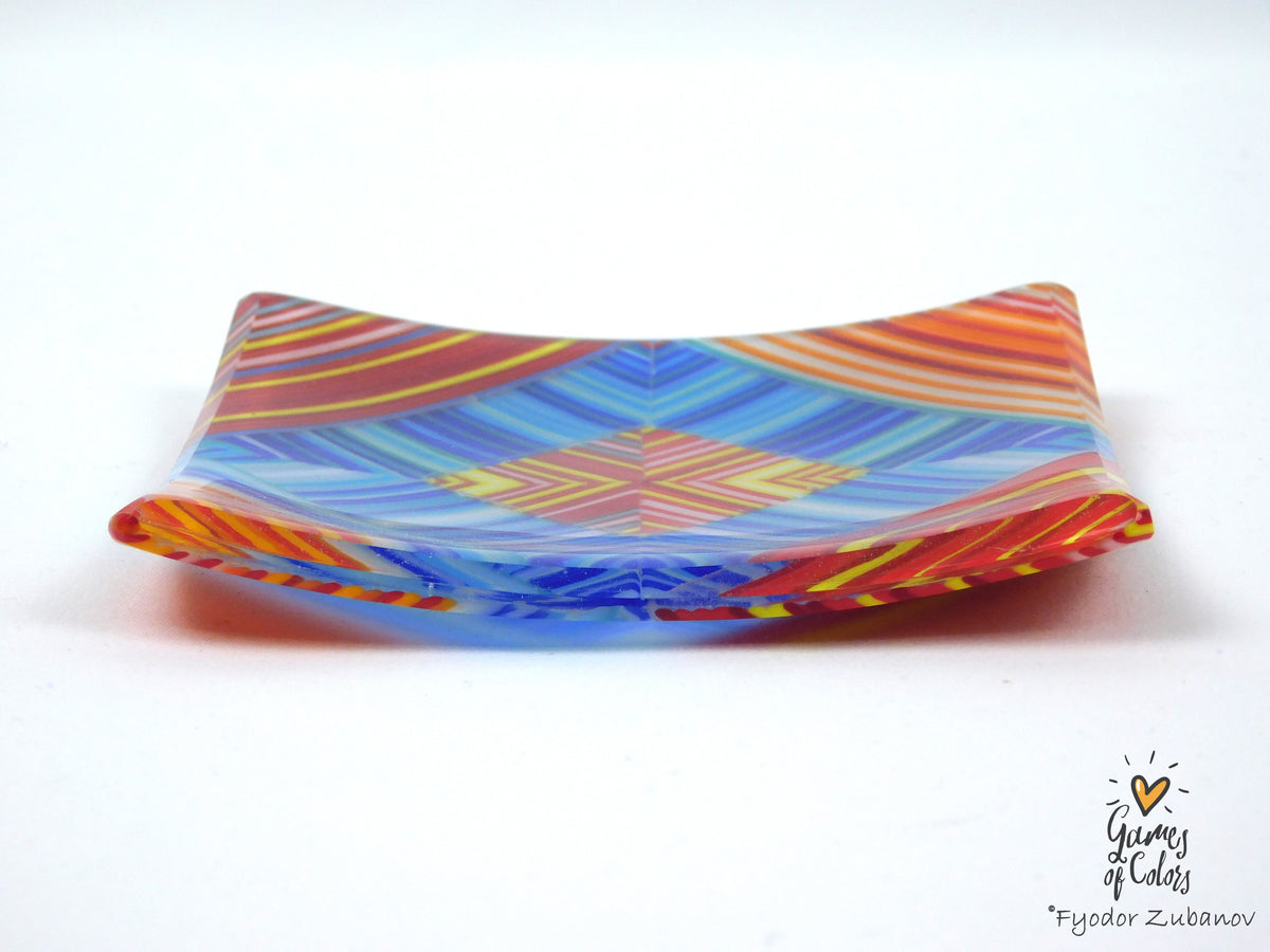 Handmade Fused Glass Dish Colorful Fusion - Blue in Red