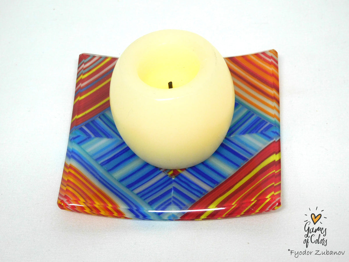 Handmade Fused Glass Dish Colorful Fusion - Blue in Red