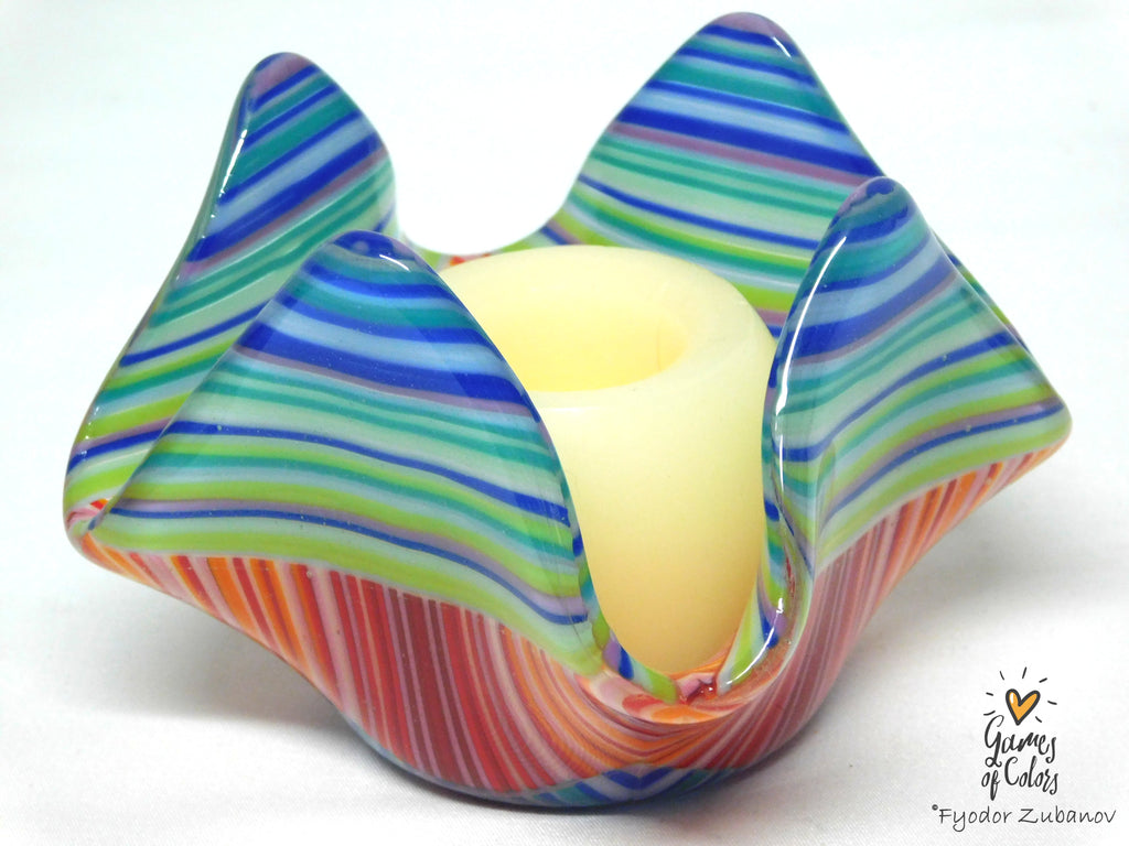 Handmade fused glass candle holder Colorful Fusion - Green Petals