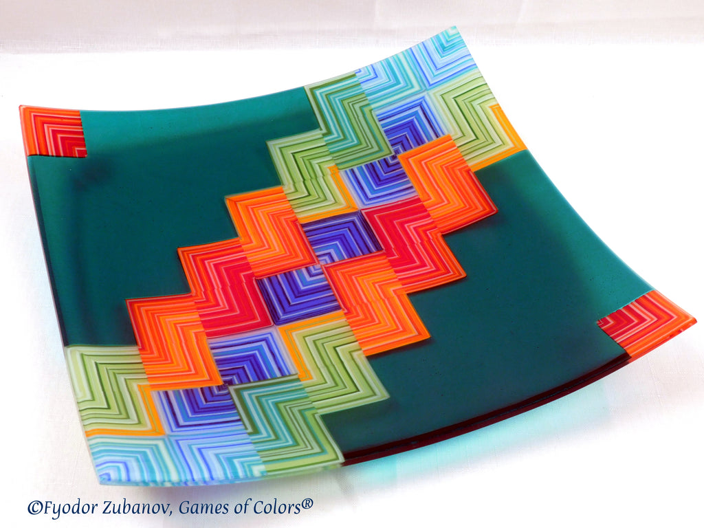 Fused glass plate A Joyful way. Teal